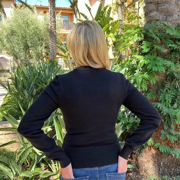 Argyle Pattern Crewneck Sweater Long Sleeve Black Multicolor Stretchy Material - Picture 4 of 7